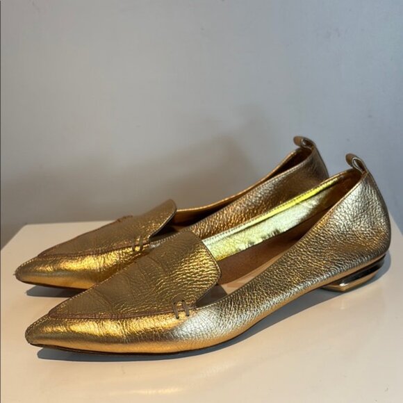 Nicholas Kirkwood Metallic Gold Leather Beya Pointed Toe Loafers Size 38 - Picture 13 of 14